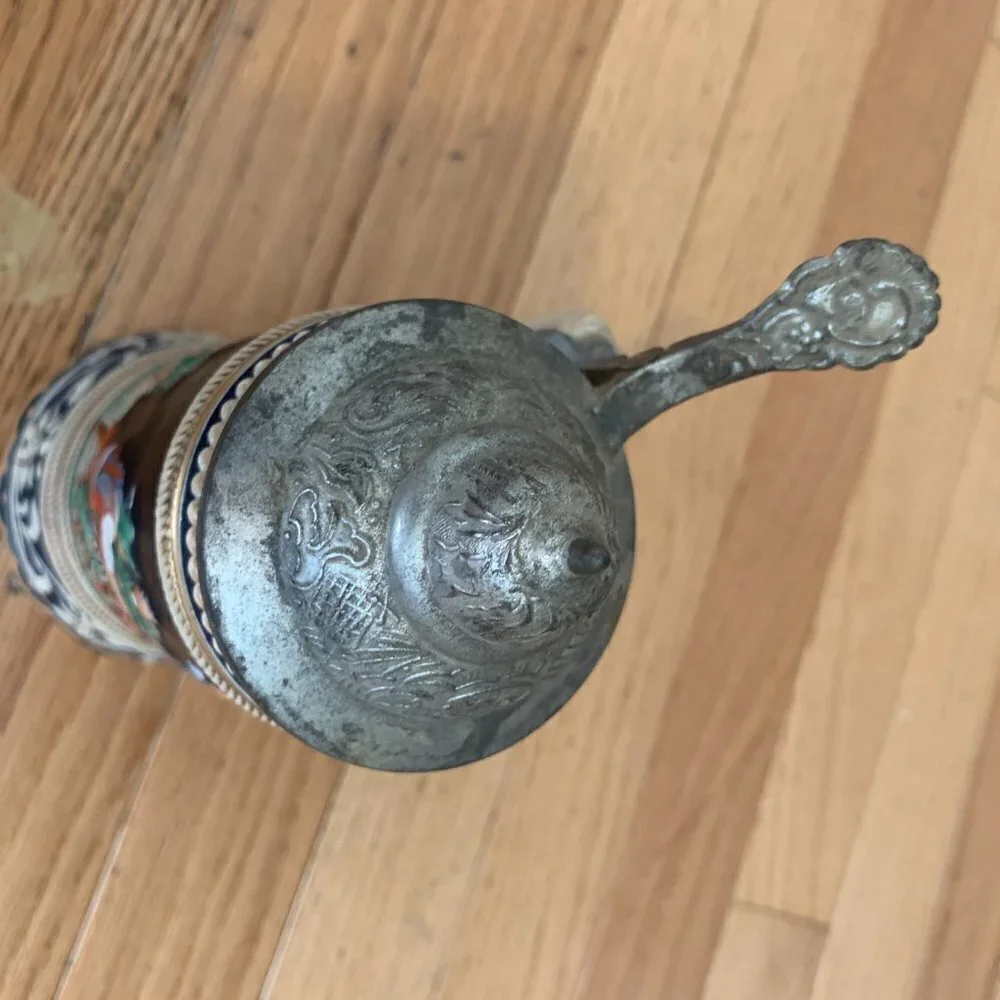 Vintage German Beer Stein Handgemalt with Pewter Lid
